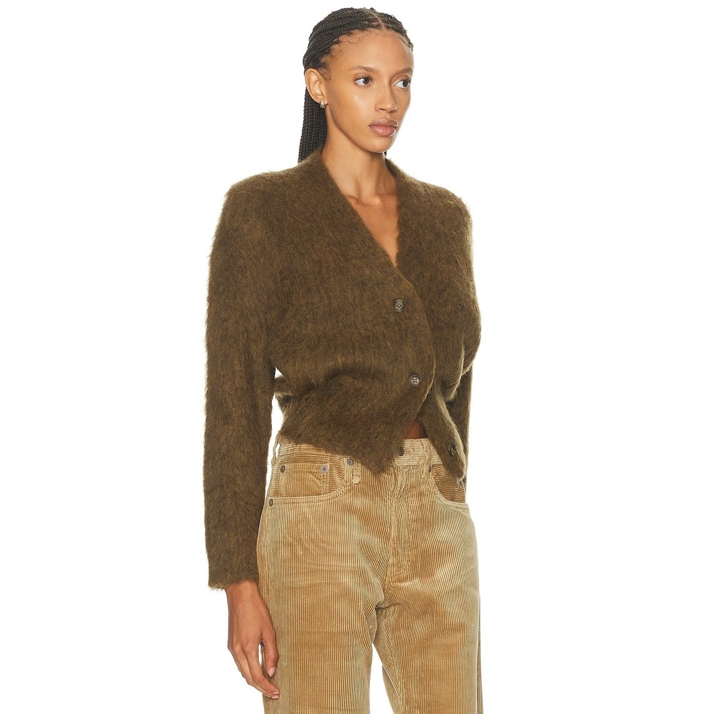 R13 Heather Olive Green Alpaca Wool Split Hem Ribbed Cardigan Size S Shaggy